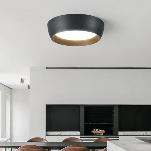 Minimalist Flush Mount Ceiling Light – Modern LED Fixture with Wood Accent