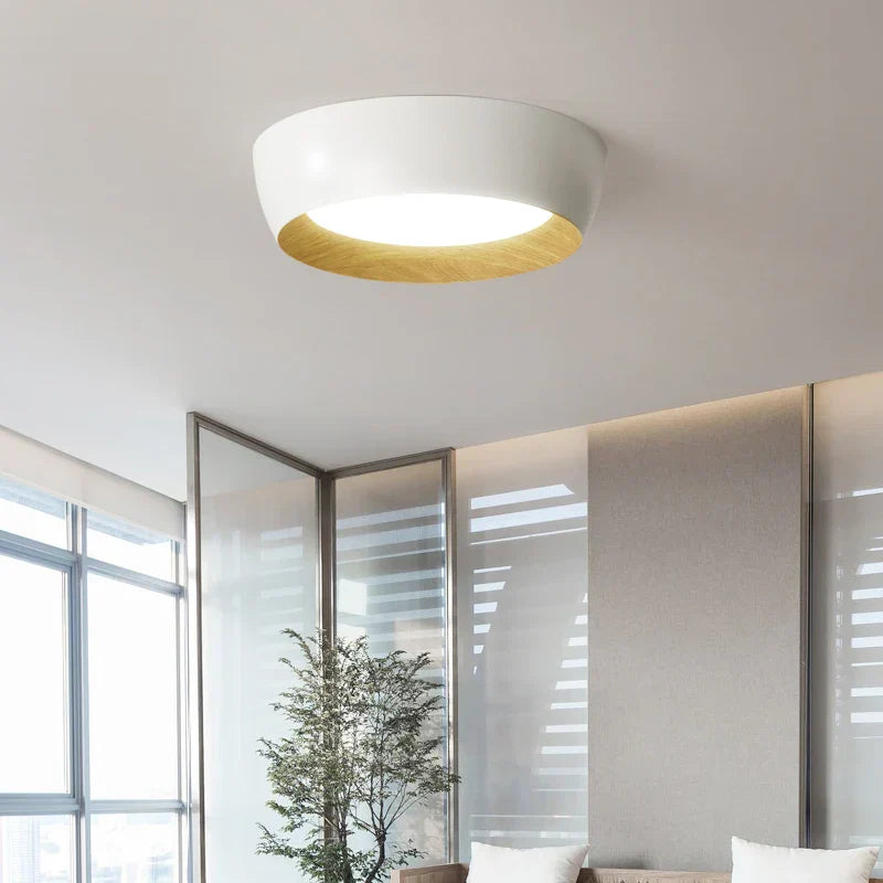 Minimalist Flush Mount Ceiling Light – Modern LED Fixture with Wood Accent