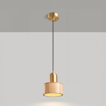 Japanese Cylinder Pendant Light – Minimalist Brass & Wood LED Hanging Lamp