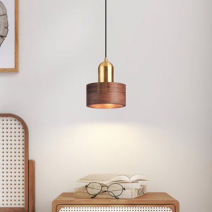 Japanese Cylinder Pendant Light – Minimalist Brass & Wood LED Hanging Lamp