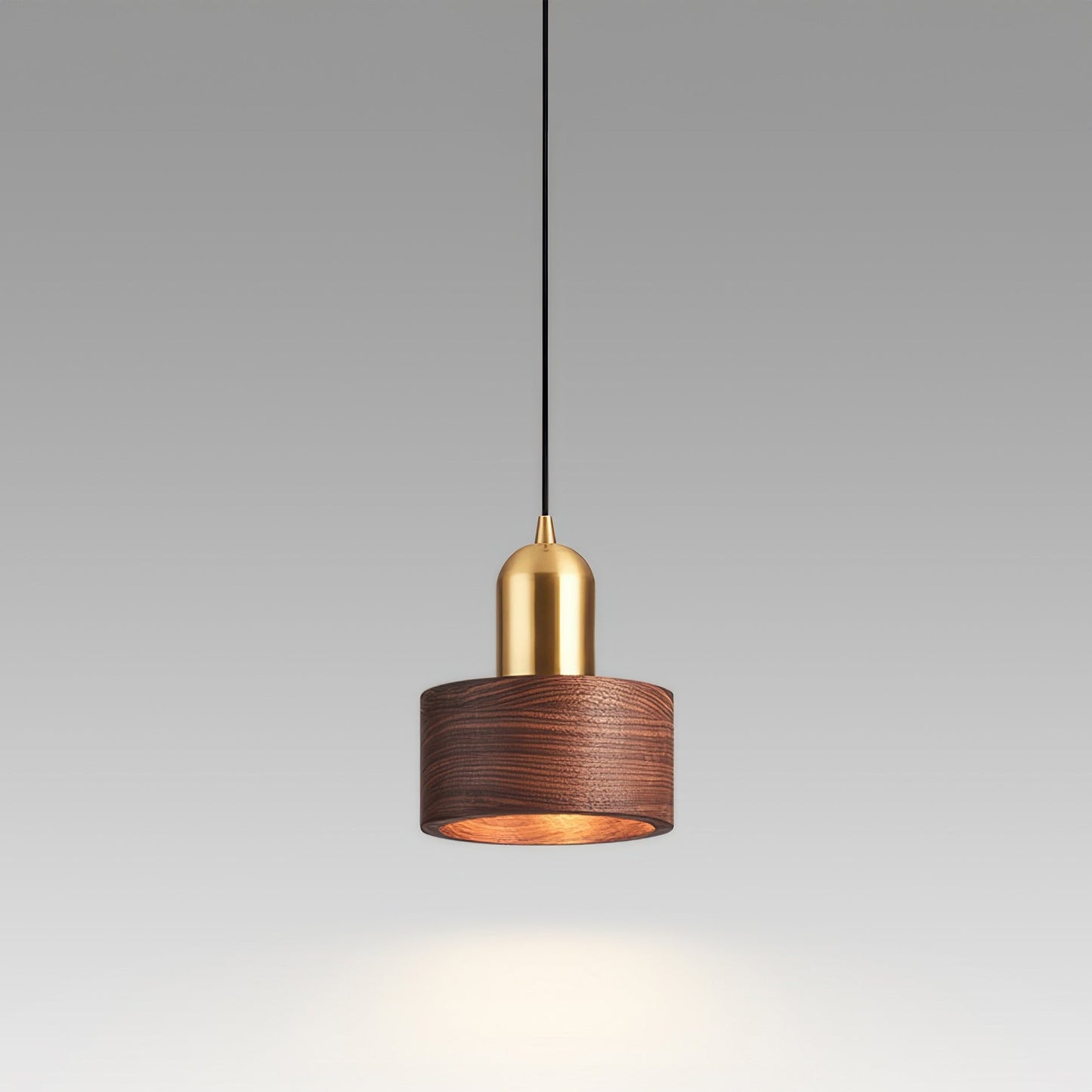 Japanese Cylinder Pendant Light – Minimalist Brass & Wood LED Hanging Lamp