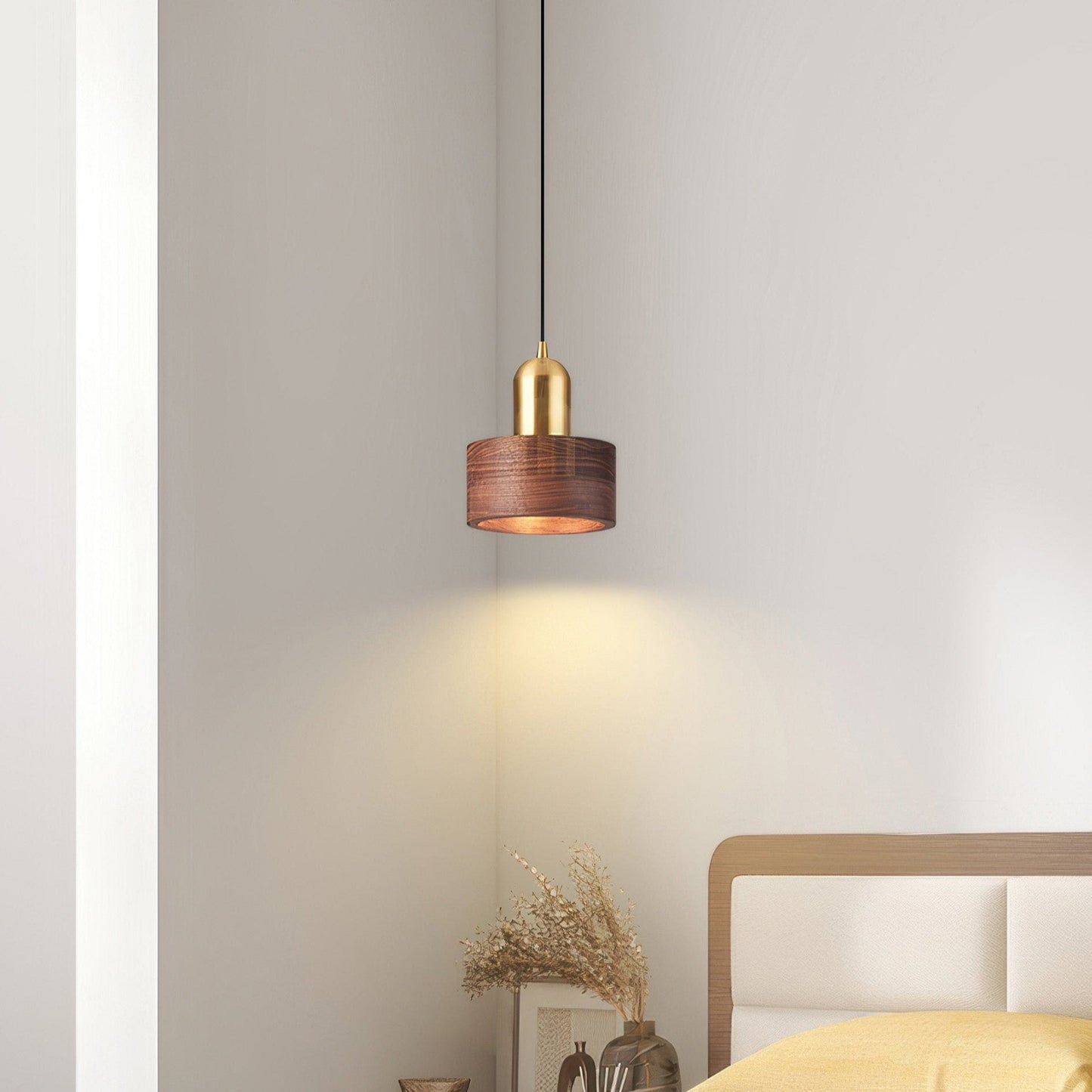 Japanese Cylinder Pendant Light – Minimalist Brass & Wood LED Hanging Lamp