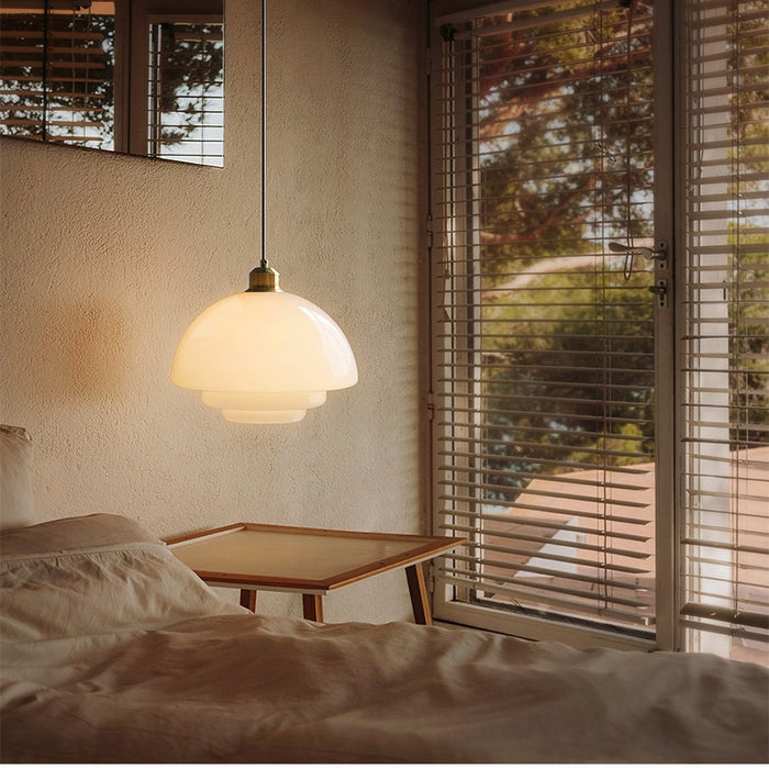 Mid-Century White Glass Pendant Light – Adjustable Brass Hanging Lamp