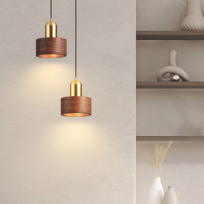 Japanese Cylinder Pendant Light – Minimalist Brass & Wood LED Hanging Lamp