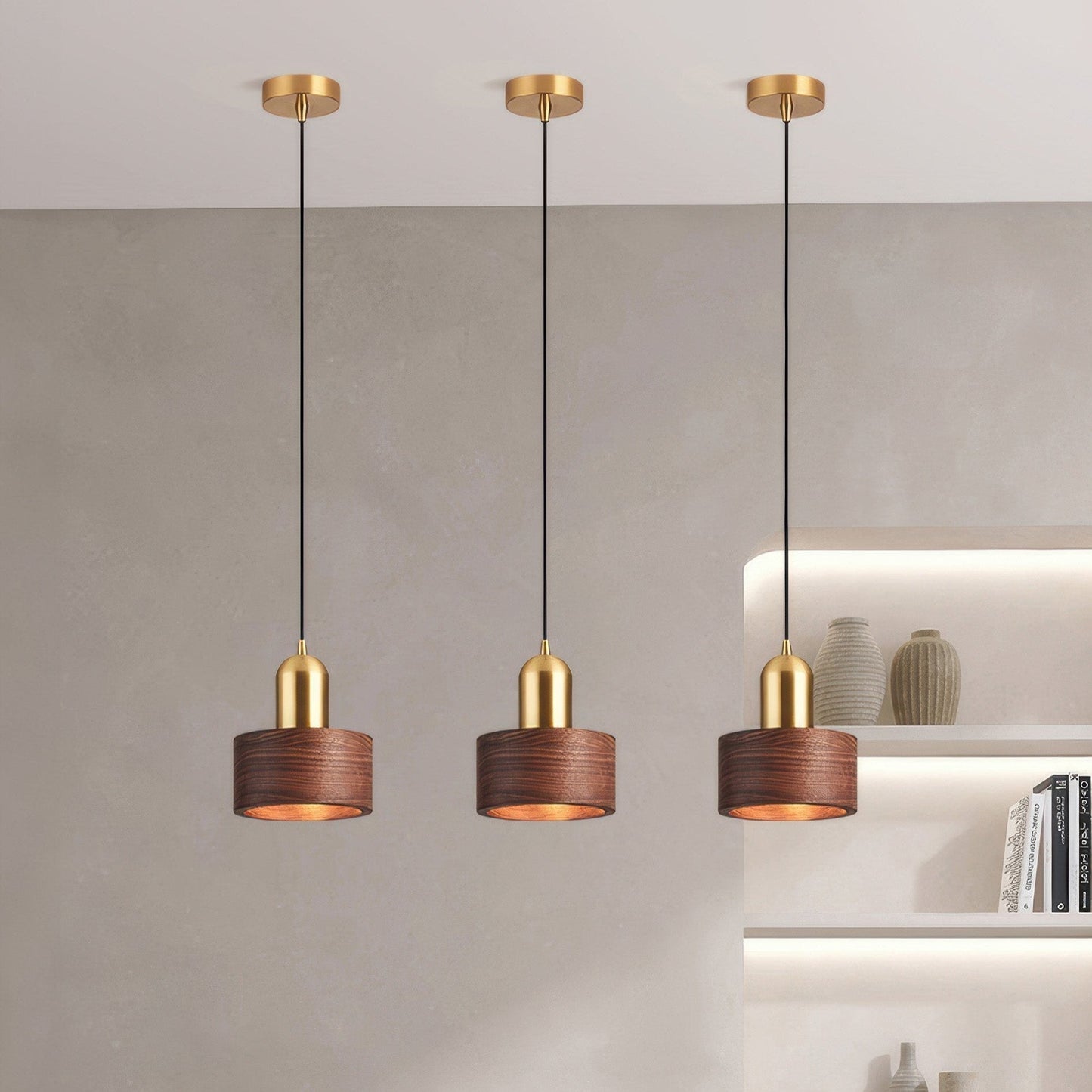 Japanese Cylinder Pendant Light – Minimalist Brass & Wood LED Hanging Lamp