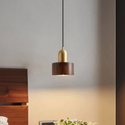 Japanese Cylinder Pendant Light – Minimalist Brass & Wood LED Hanging Lamp