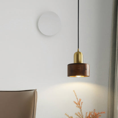 Japanese Cylinder Pendant Light – Minimalist Brass & Wood LED Hanging Lamp