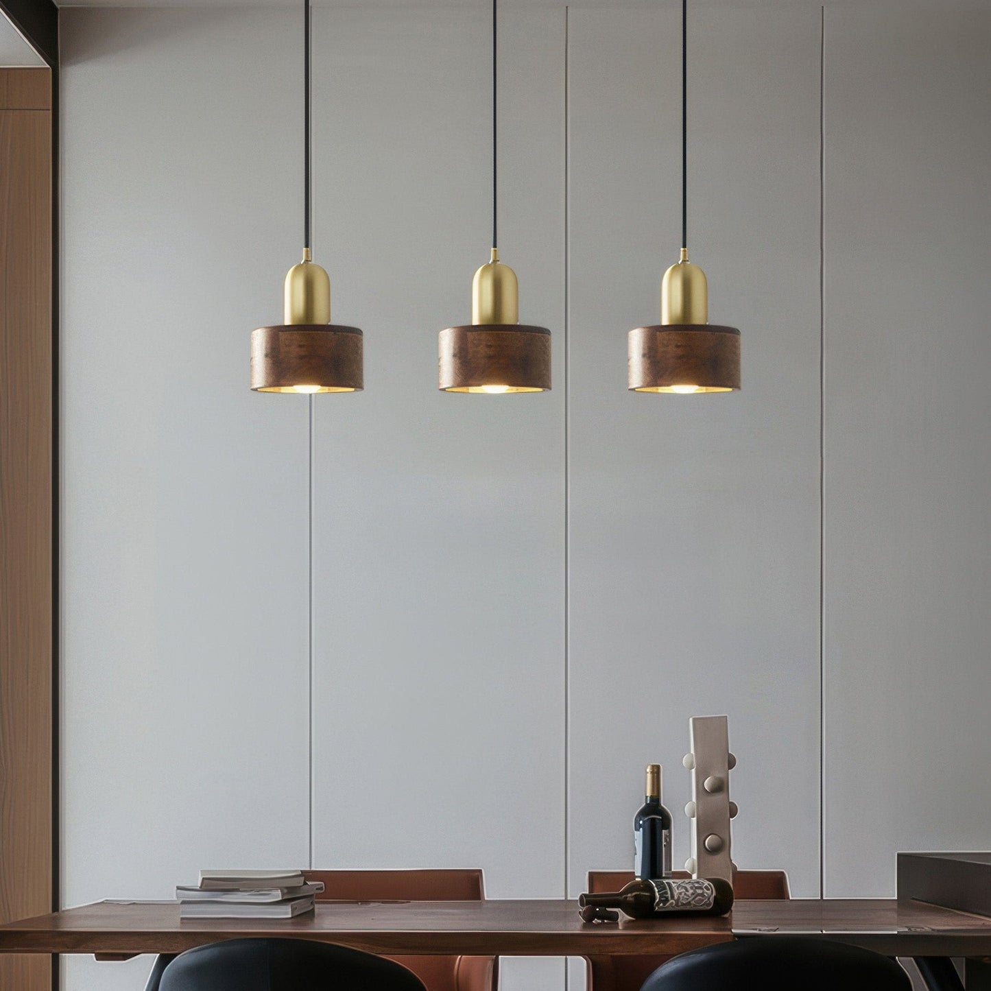 Japanese Cylinder Pendant Light – Minimalist Brass & Wood LED Hanging Lamp