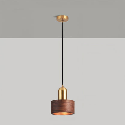 Japanese Cylinder Pendant Light – Minimalist Brass & Wood LED Hanging Lamp