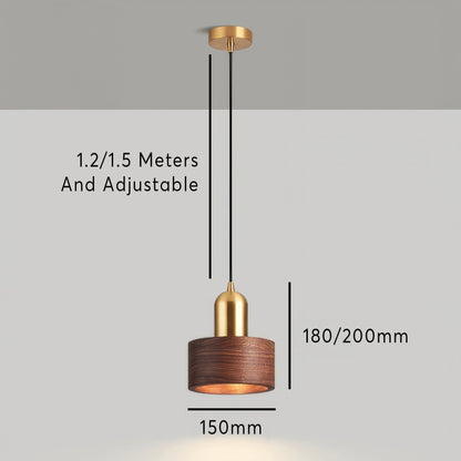 Japanese Cylinder Pendant Light – Minimalist Brass & Wood LED Hanging Lamp