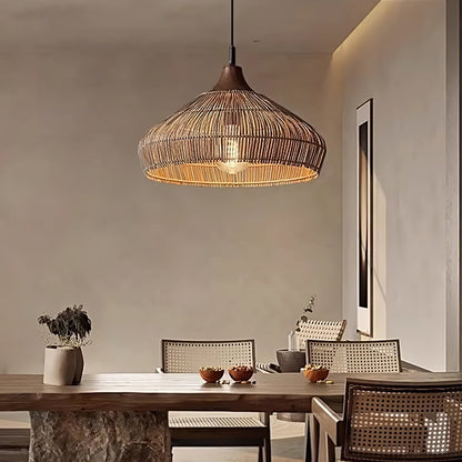 Handwoven Rattan Pendant Light – Rustic Ceiling Lamp with Adjustable Height