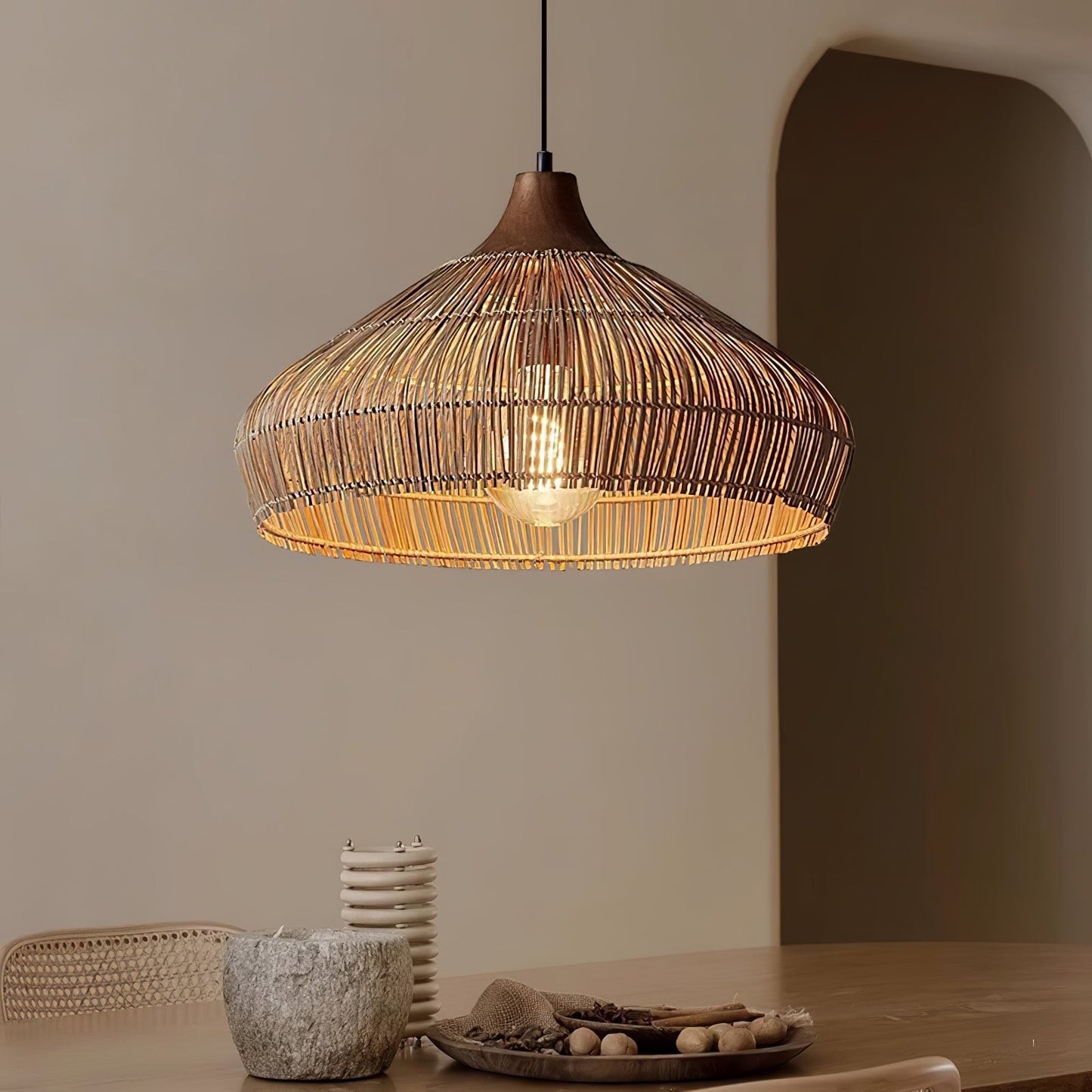 Handwoven Rattan Pendant Light – Rustic Ceiling Lamp with Adjustable Height