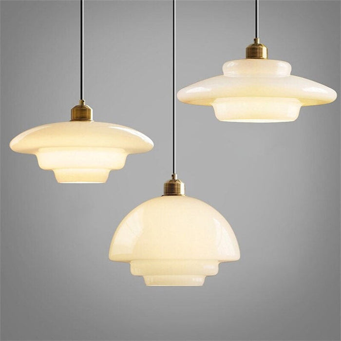 Mid-Century White Glass Pendant Light – Adjustable Brass Hanging Lamp