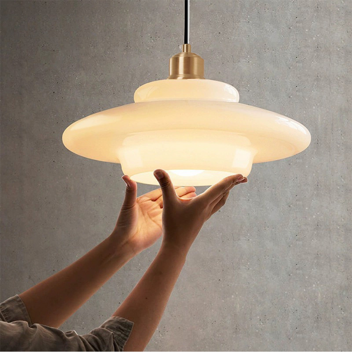 Mid-Century White Glass Pendant Light – Adjustable Brass Hanging Lamp