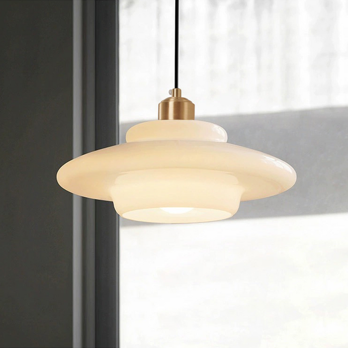 Mid-Century White Glass Pendant Light – Adjustable Brass Hanging Lamp