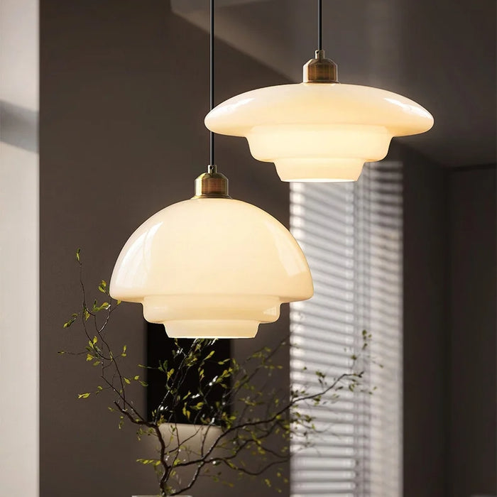 Mid-Century White Glass Pendant Light – Adjustable Brass Hanging Lamp